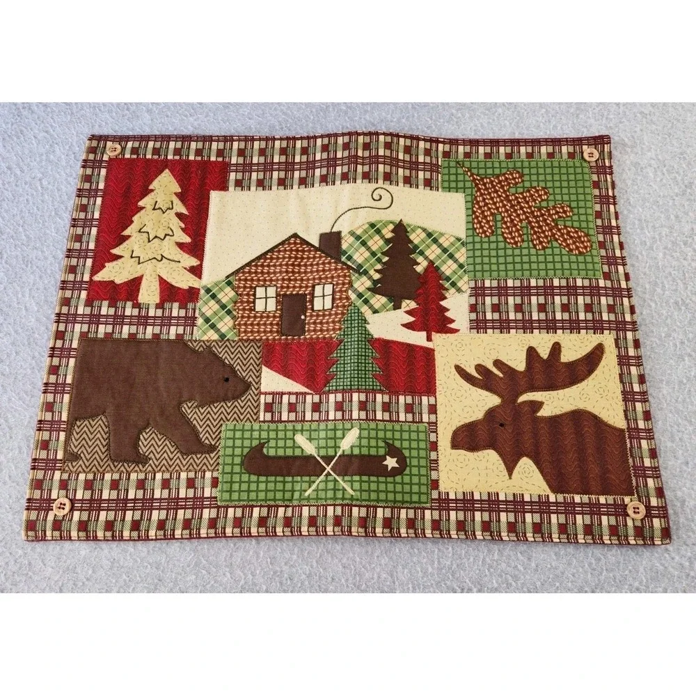 Set of‎ 4 Patchwork Embroidered Placemats Rustic Cabin Cottagecore Bear Moose